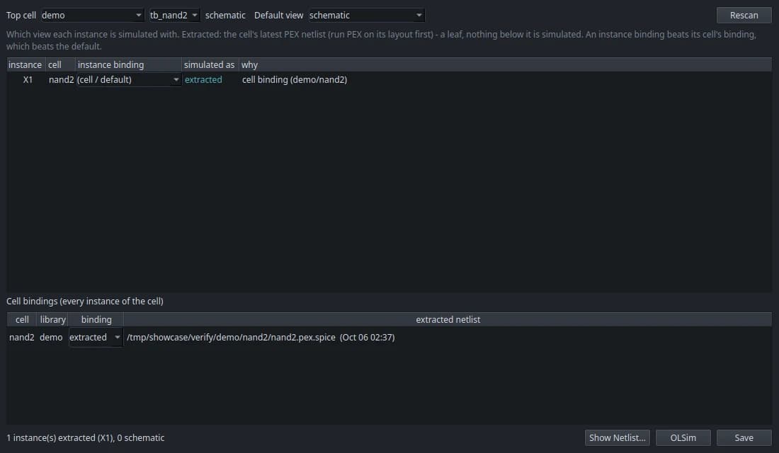 The hierarchy editor: instance X1 of nand2 bound to its extracted netlist