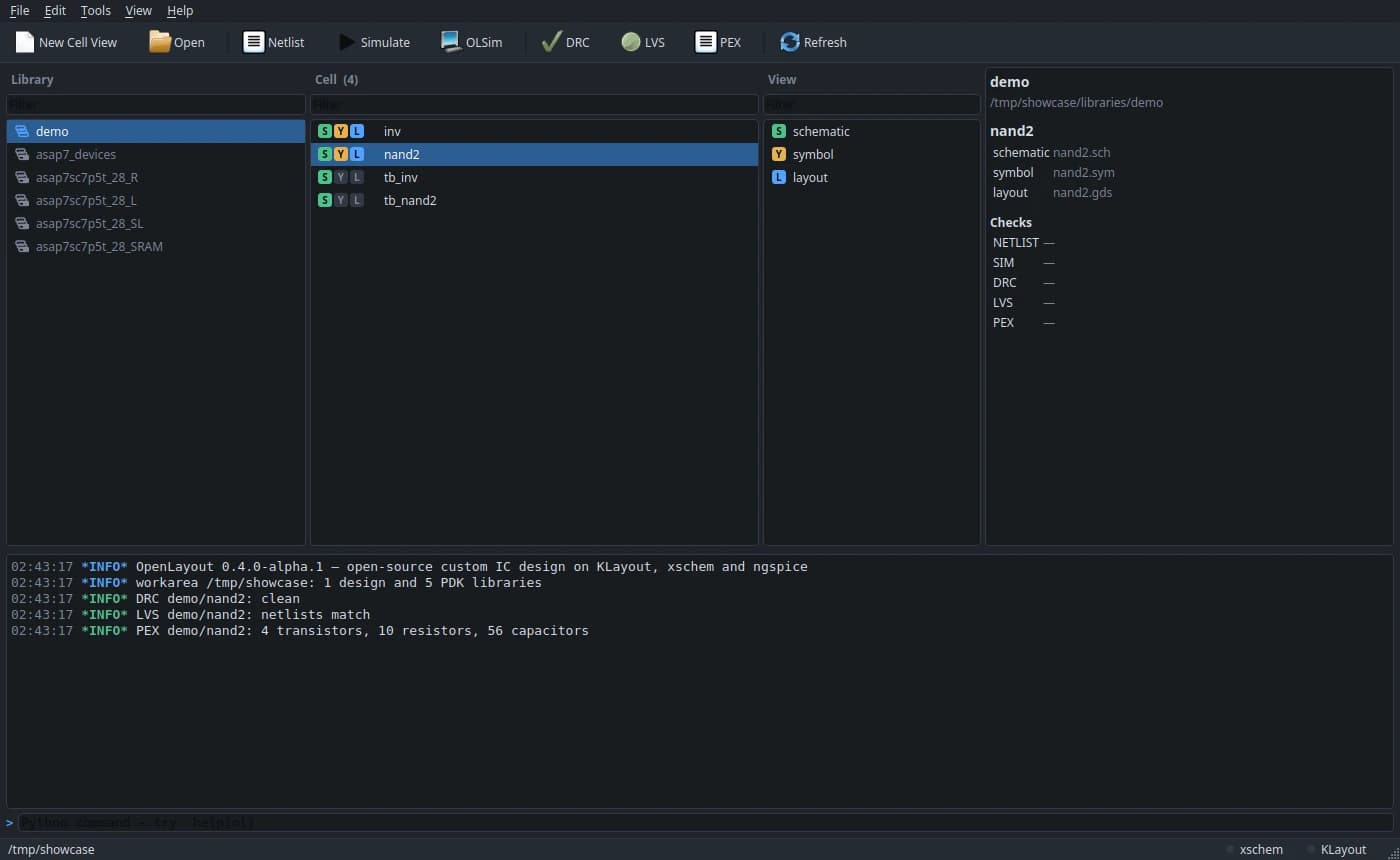 The OpenLayout hub: library manager with library, cell and view columns, and the command log