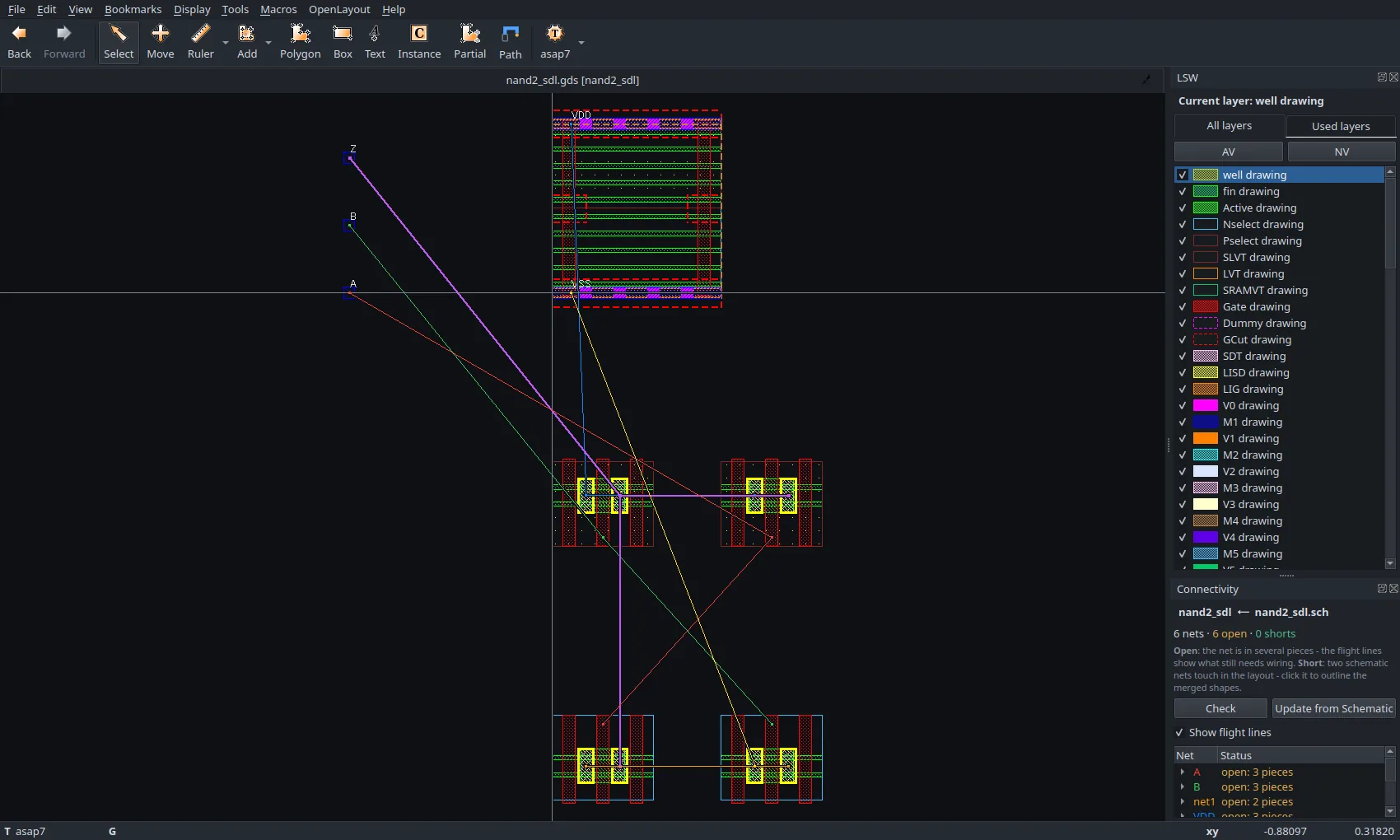 KLayout with OpenLayout's layer window and connectivity panel, showing colour-coded flight lines between unrouted FinFET terminals