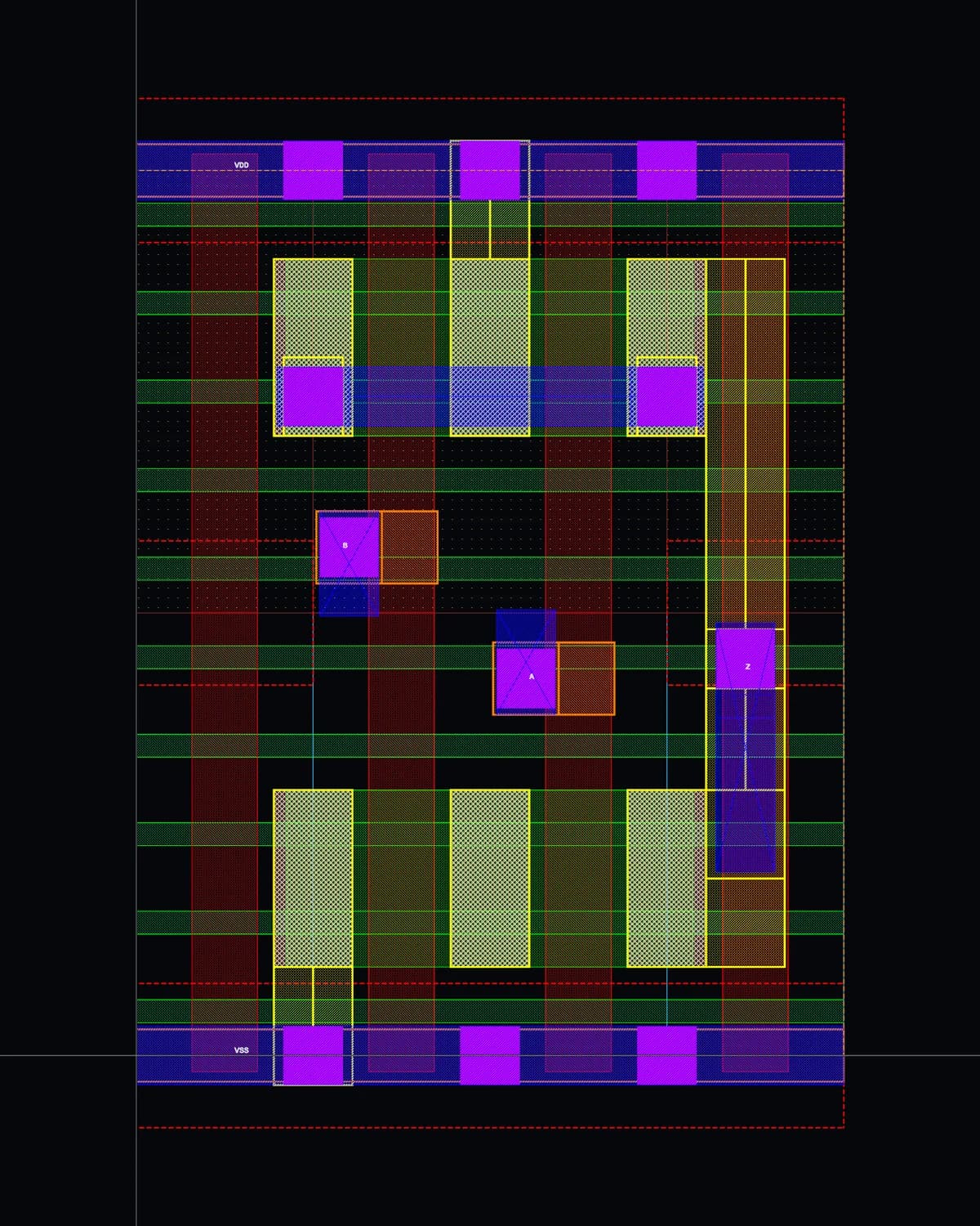 A DRC- and LVS-clean ASAP7 NAND2 layout