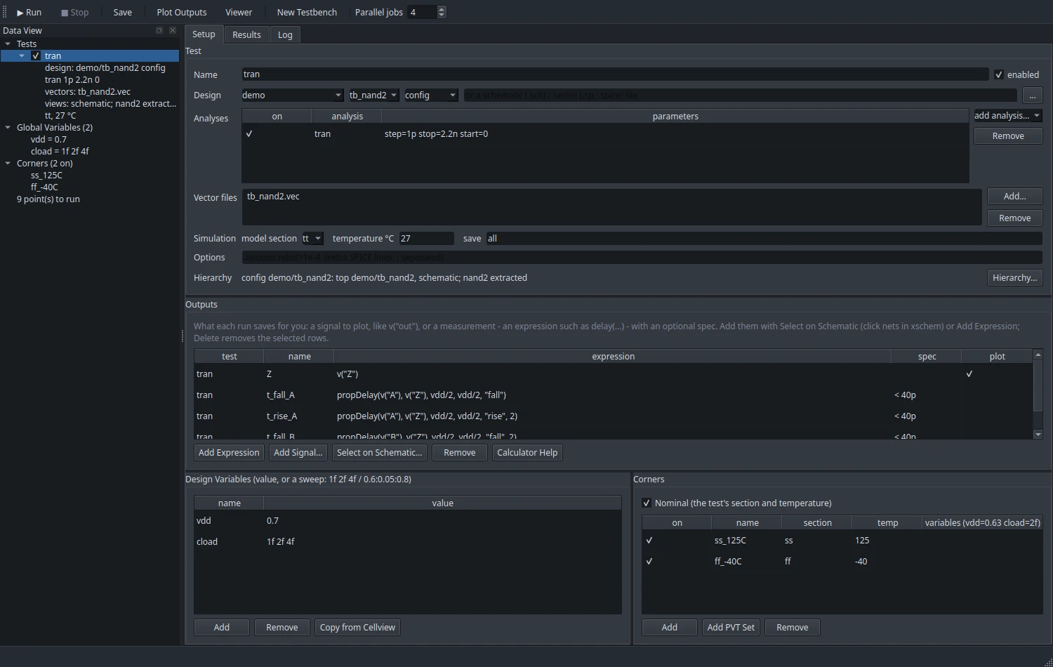 OLSim setup: test, analyses, vector file, config hierarchy, outputs, design variables and corners