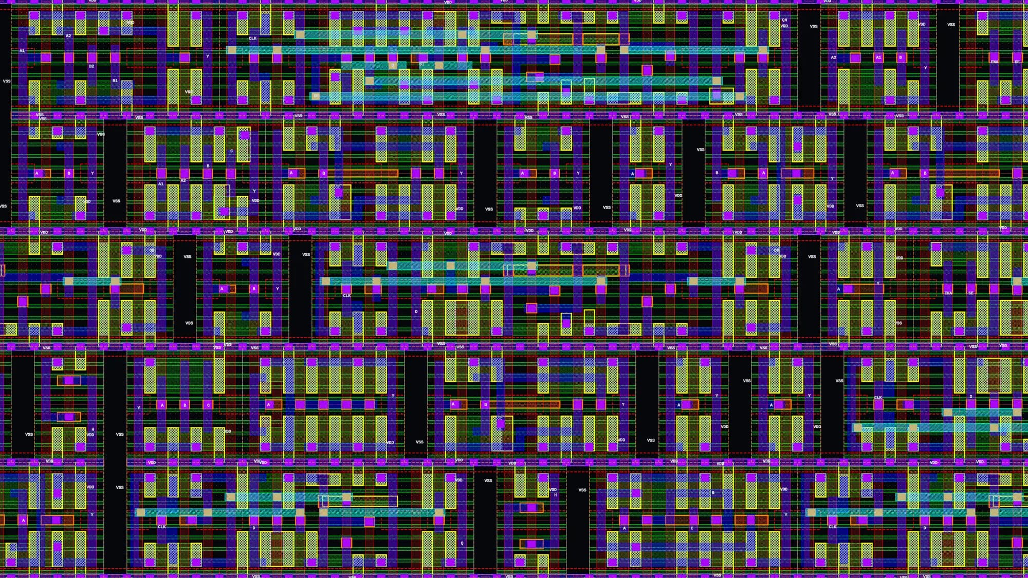 ASAP7 standard cells placed in rows, rendered in OpenLayout's KLayout theme